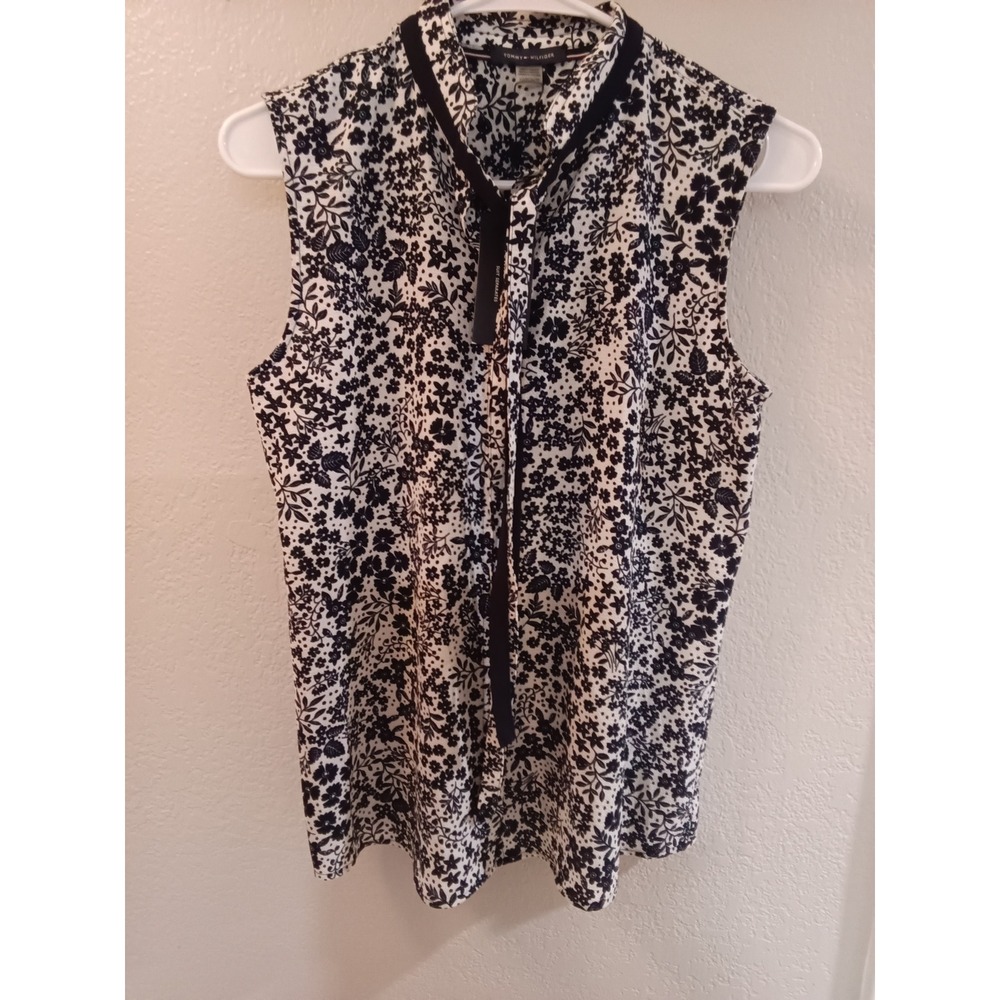 Tommy Hilfiger Womens Sleeveless Tie Neck Floral Blouse Navy White H34TX27F XS